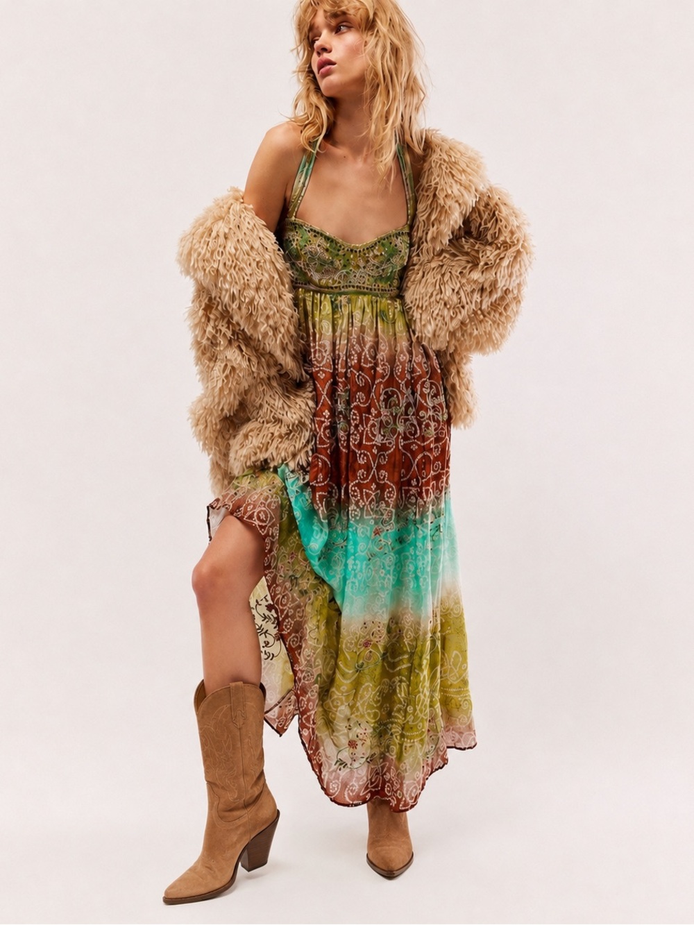 Free People Into The Nights Maxi Dress Woods Combo XS Boho Embroidered NWOT